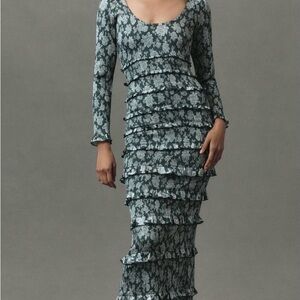 NWT V Chapman Lanie Long-Sleeve Scoop-Neck Ruched Ruffled Satin Maxi Dress